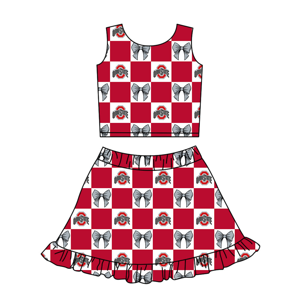 CUSTOM MOQ 5 Sibing Kids Clothing for Girls Baby Girls Red Bow Top Skirts Yoga Active Team Clothes Sets Knee Length Dress Shorts