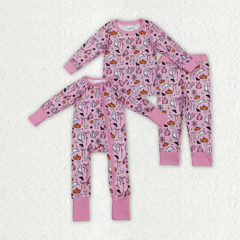 9.29 RTS Sibling Baby Girls Pink Ghosts Pumpkins Halloween Rompers Pajamas Sets