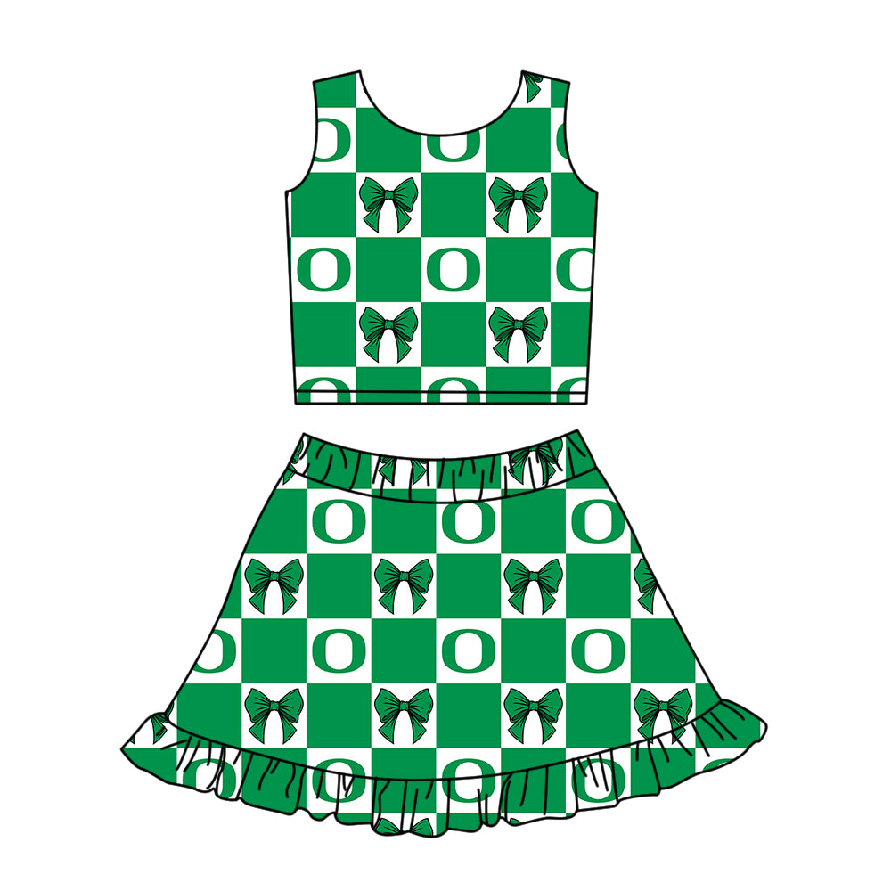 CUSTOM MOQ 5 Sibing Kids Clothing for Girls Baby Girls Green Bow Top Skirts Yoga Active Team Clothes Sets Knee Length Dress Shorts