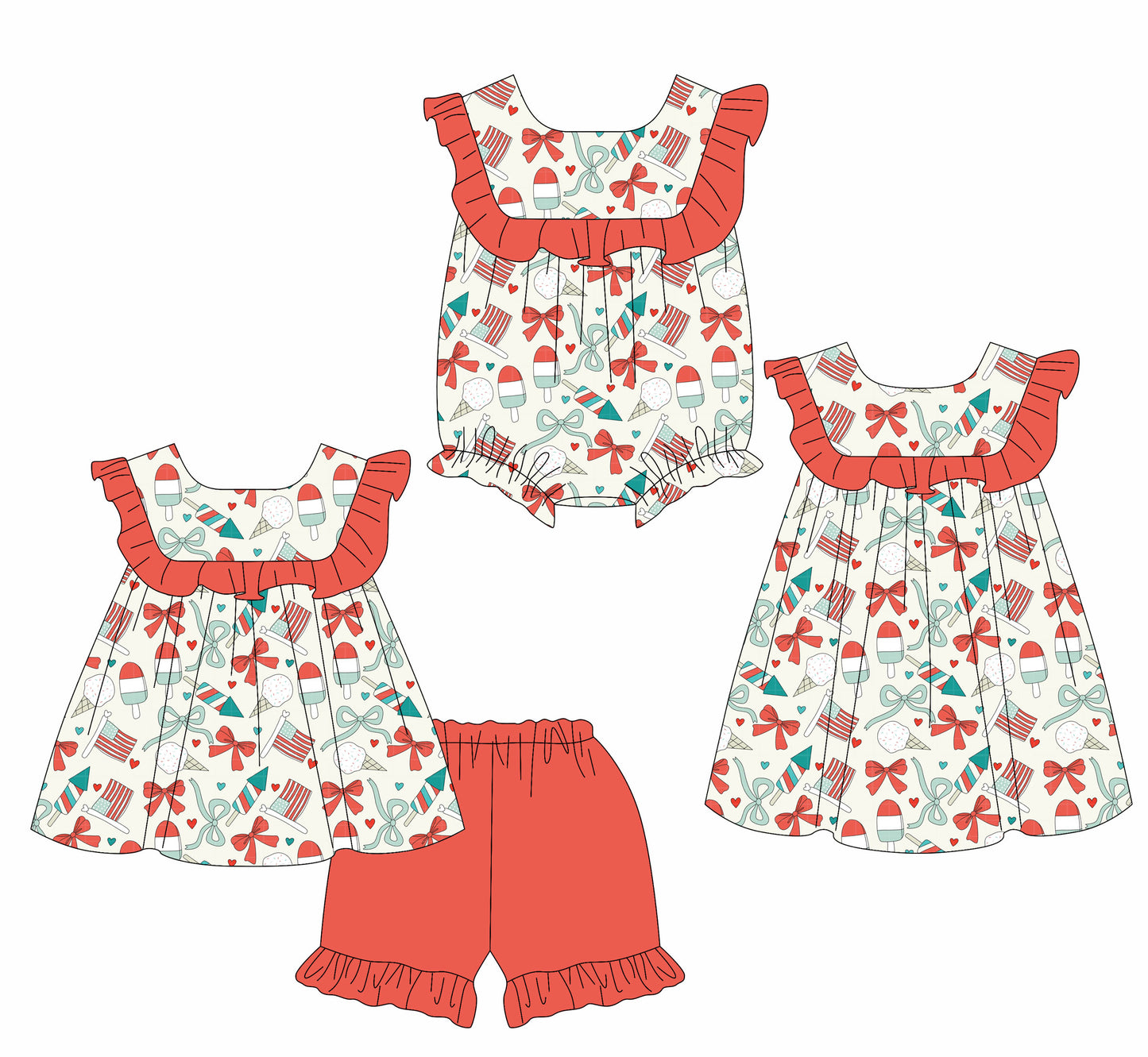 CUSTOM MOQ 5 Sibling Baby Girls Red July 4th Sleeveless Tunic Ruffle Shorts Clothes Set Knee Length Dress Rompers