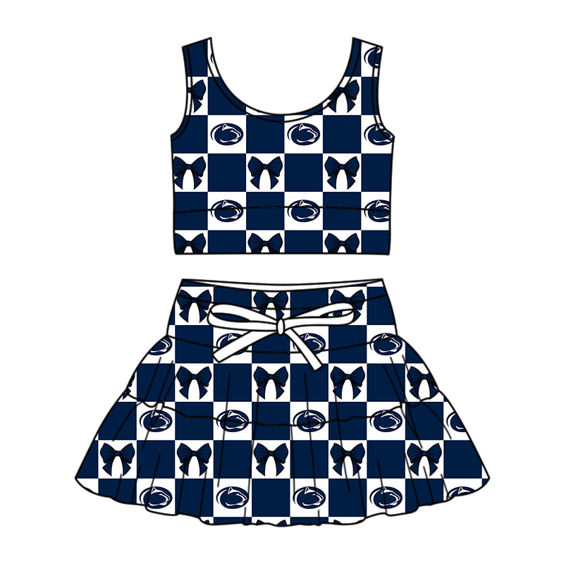 CUSTOM MOQ 5 Sibing Kids Clothing for Girls Baby Girls Blue Bow Top Skirts Yoga Active Team Clothes Sets Knee Length Dress Shorts