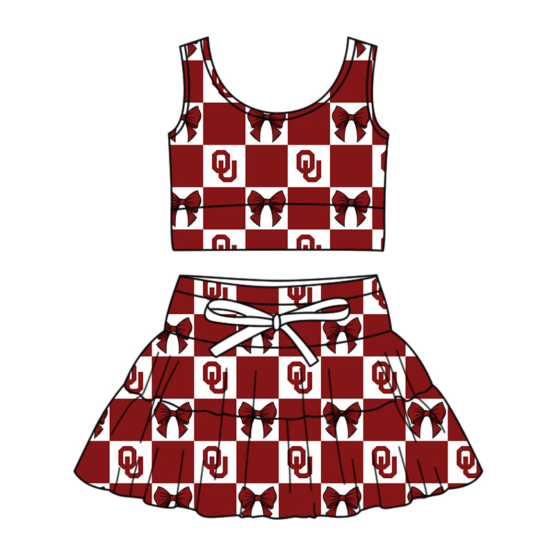 CUSTOM MOQ 5 Sibing Kids Clothing for Girls Baby Girls Red Bow Top Skirts Yoga Active Team Clothes Sets Knee Length Dress Shorts