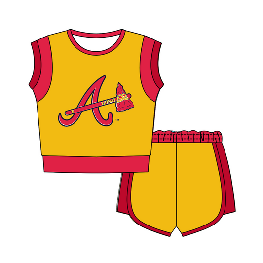 CUSTOM MOQ 5 Cute Comfortable Clothing For Kids Baby Kids Summer Golden Yellow A Sleeveless Patchwork Top Shorts Clothes Sets