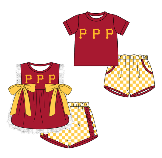CUSTOM MOQ 5 Cute Comfortable Clothing For Kids Sibling Boys Baby Girls Summer Red P Bow Top Yellow Checked Shorts Team Clothes Sets