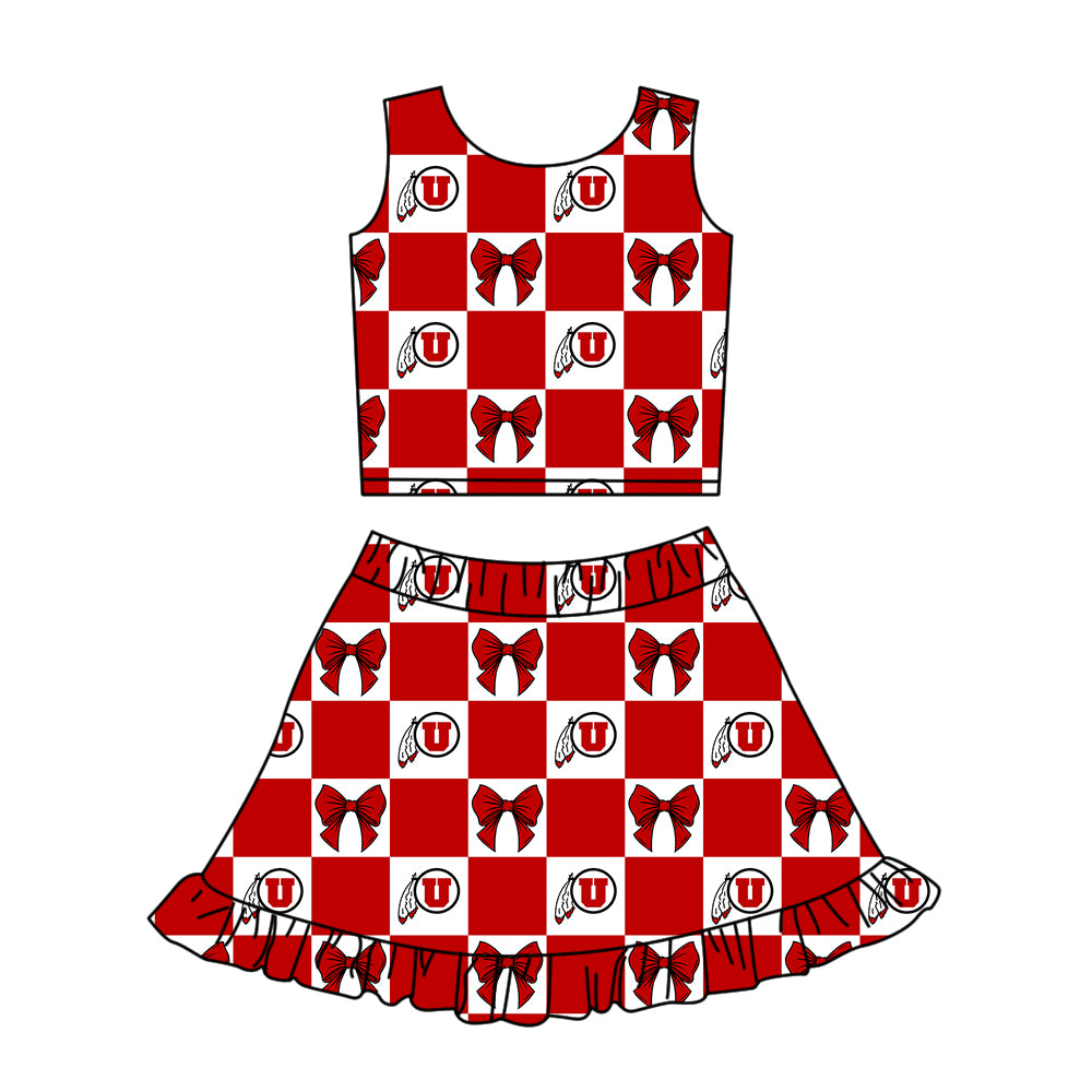 CUSTOM MOQ 5 Sibing Kids Clothing for Girls Baby Girls Red U Bow Top Skirts Yoga Active Team Clothes Sets Knee Length Dress Shorts