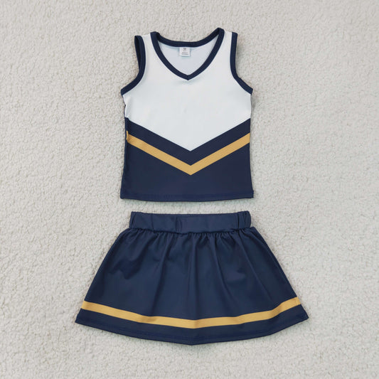 GSD4189 RTS NO MOQ （In stock）Sleeveless gold navy top skirt girls team cheer active set