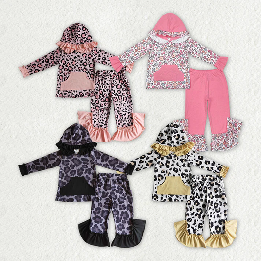 Baby Girls Lace Leopard Pocket Hooded Pullover Long Sleeve Pants Set