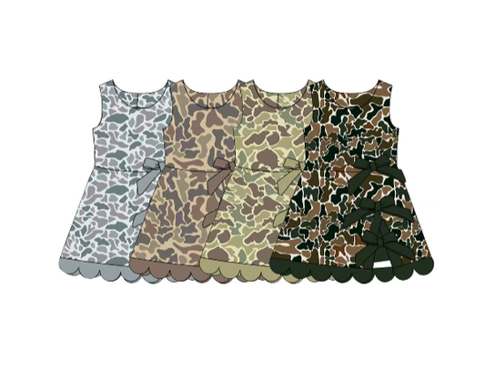 Pre order No Moq milk silk Baby Girls Camo Yoga Active Scallop Bows Short Knee Length Dres