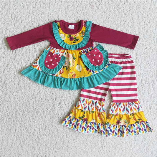 6 B7-36Maroon pockets patchwork girls boutique fall clothing