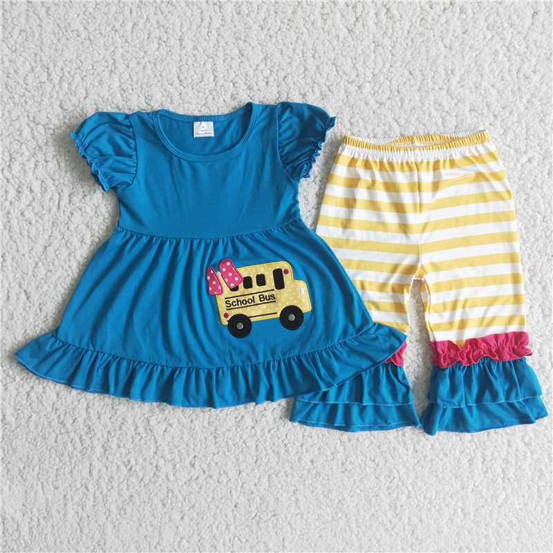 12.27 RTS NO MOQ （In stock）C5-21 Baby Girls Blue school bus back to school capri set