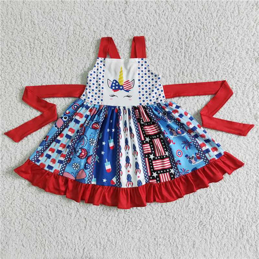 C10-10  Cartoon unicorn 4th of july twirl dress