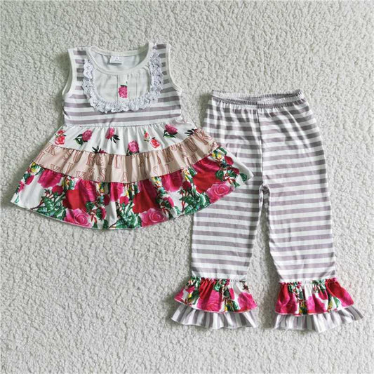 C5-18  Baby girls Grey stripe floral pants outfits clothing sets