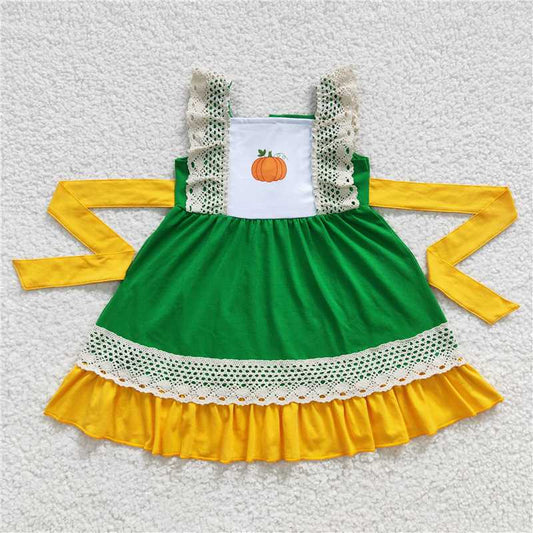 C9-10  Baby Girls Green Pumpkin Belts Lace Dresses