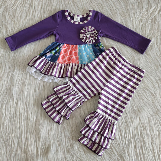 6 A22-27Purple patchwork tunic match ruffle pants boutique girl clothing