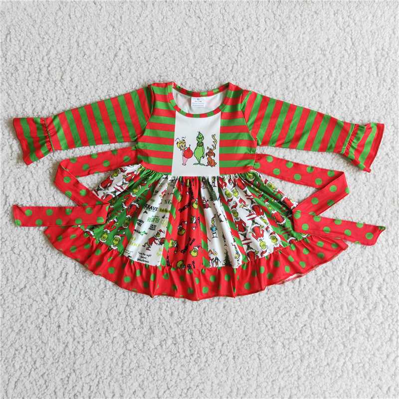 6 B3-5  Baby girls Christmas cartoon red green twirl belt knee length dresses