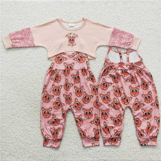 GLP0688Mommy's little reindeer jumpsuit top girls Christmas outfits