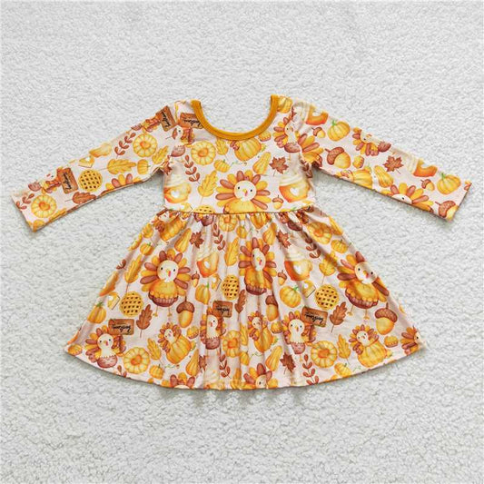 GLD0344 Baby Girls Pumpkin Turkey Thanksgiving Fall Knee Length Ruffle Dresses