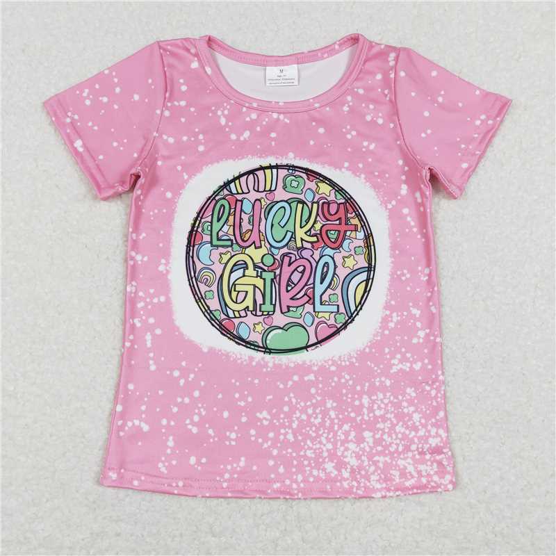 12.22 RTS NO MOQ （In stock）GT0375 Baby Girls Lucky Girl Short Sleeve Pink St Patrick Day Shirt Tops