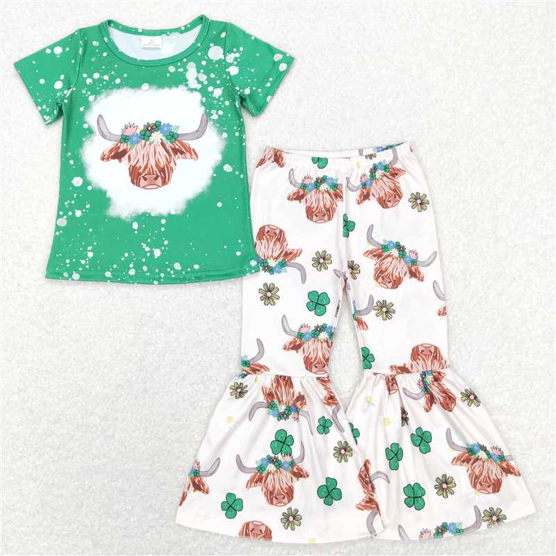 12.20 RTS NO MOQ （In stock）GSPO1180 Baby Girls St Patrick Highland Cow Top Bell Pants Clothes Sets