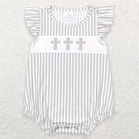 SR0617 Baby Infant Girls Easter Cross Flutter Sleeve Rompers