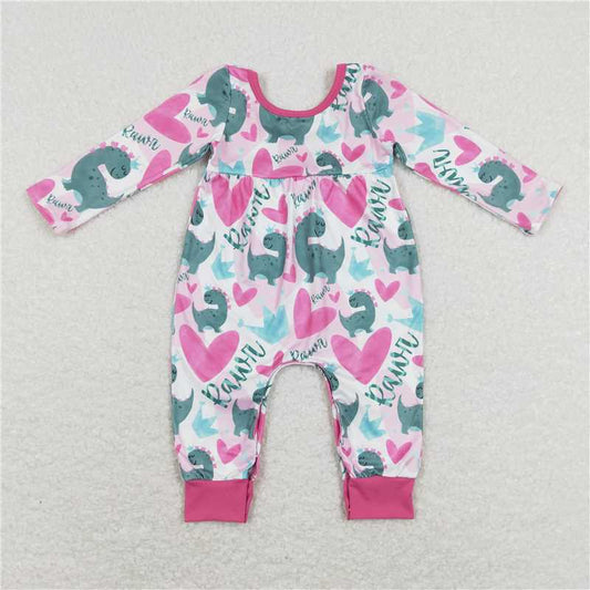11.12 RTS NO MOQ （In stock）Matching Valentines LR0877 Baby Infant Girls Pink Hearts Valentines Dinosaurs Rompers