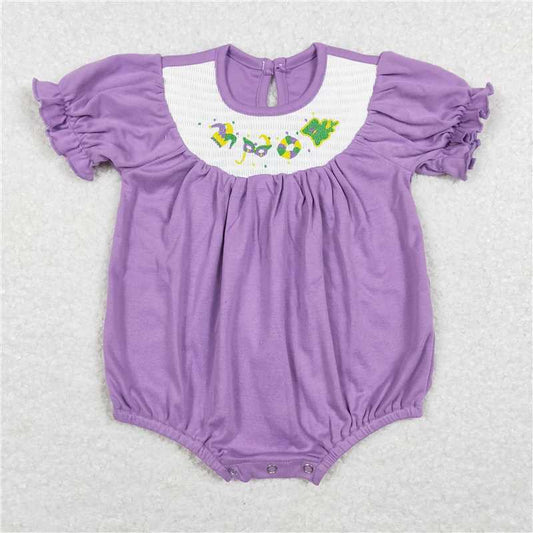 12.18 RTS NO MOQ （In stock）SR0472 Girls Smocked embroidered carnival mask purple and white checkered Romper