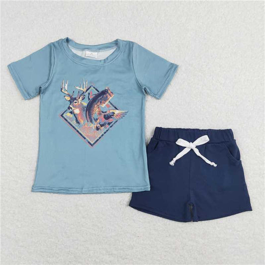 BSSO0315 Baby Boys Deer Fish Hunting Shirt Shorts Clothes Sets