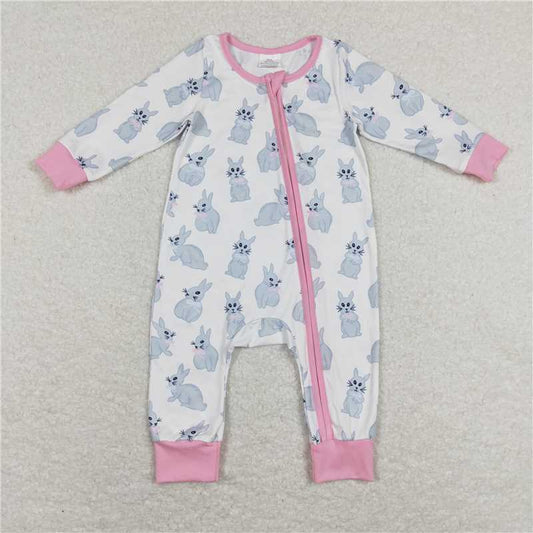 RTS LR0836 Rabbit Pink White Zip Long Sleeve romper