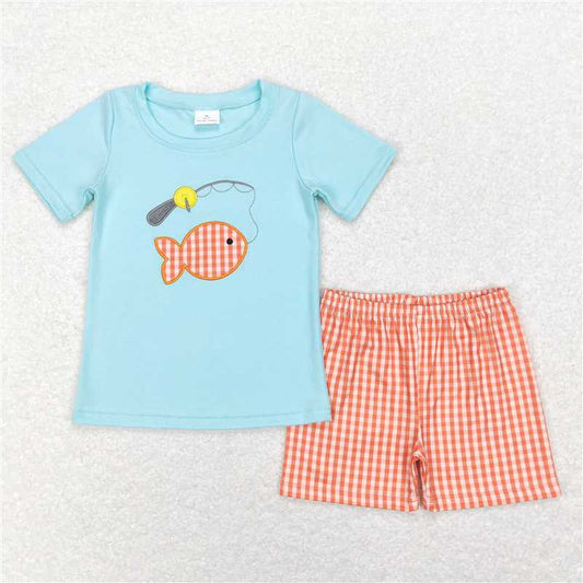 BSSO0288 Baby Boys Fishing Tee Orange Gingham Summer Shorts Clothes Sets