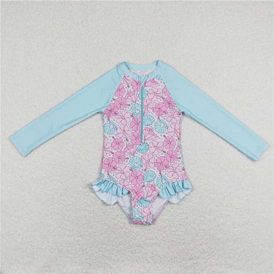 S0182  Baby Girls Summer Long Sleeve Flowers One Pieces Swimsuits