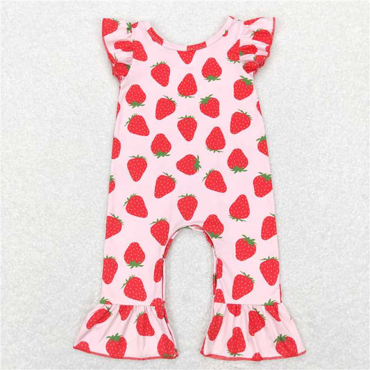 SR0561   Baby Girls Pink Strawberry Flutter Sleeve Rompers