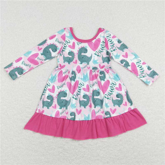 11.11 RTS NO MOQ （In stock）Matching Valentines GLD0491 Baby Girls Valentines Pink Hearts Dinosaurs Knee Length Dresses