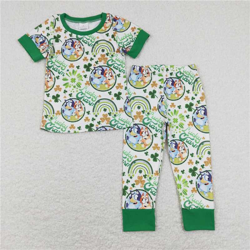 12.23 RTS NO MOQ （In stock）BSPO0251 Baby Boys Lucky Charm Dog Short Sleeve Top Pants St Patrick Day Clothes Sets