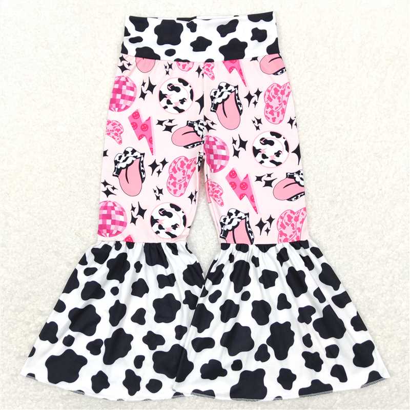 P0344 P0335 P0369 Pink Valentine's Day patchwork black and white cow pattern flared pants