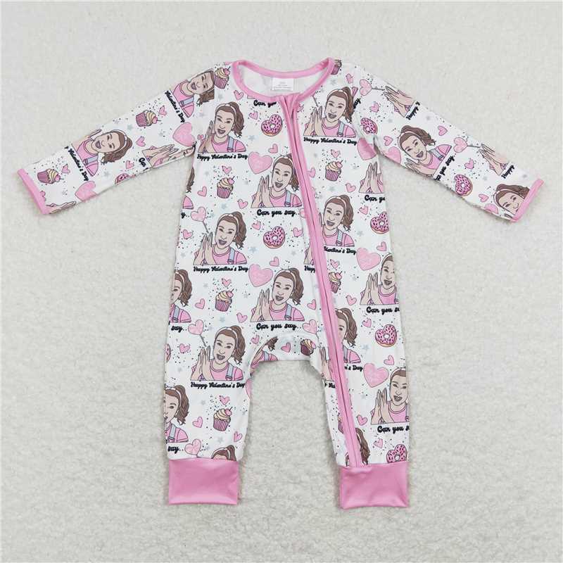 12.16 RTS NO MOQ （In stock）LR0906 Baby Infant Girls Donuts Teacher Long Sleeve Zip Rompers
