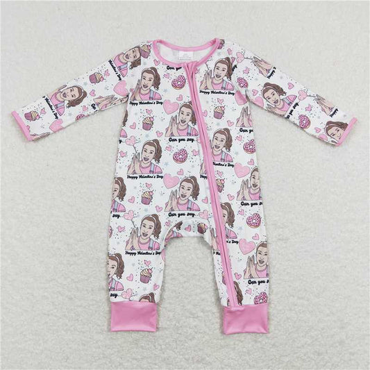 12.16 RTS NO MOQ （In stock）LR0906 Baby Infant Girls Donuts Teacher Long Sleeve Zip Rompers