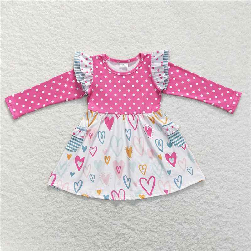 GLD0489  Baby Girls Valentines Pink Dots Long Sleeve Hearts Knee Length Dresses