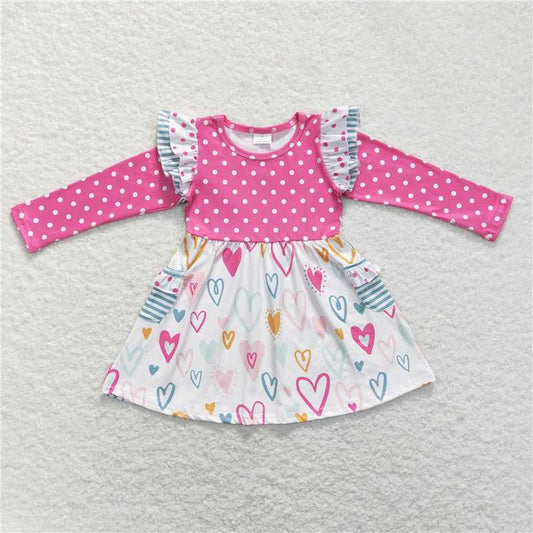 GLD0489  Baby Girls Valentines Pink Dots Long Sleeve Hearts Knee Length Dresses