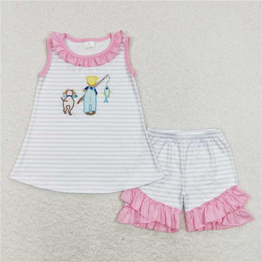 GSSO0412Sleeveless dog fishing top ruffle shorts girls summer clothes