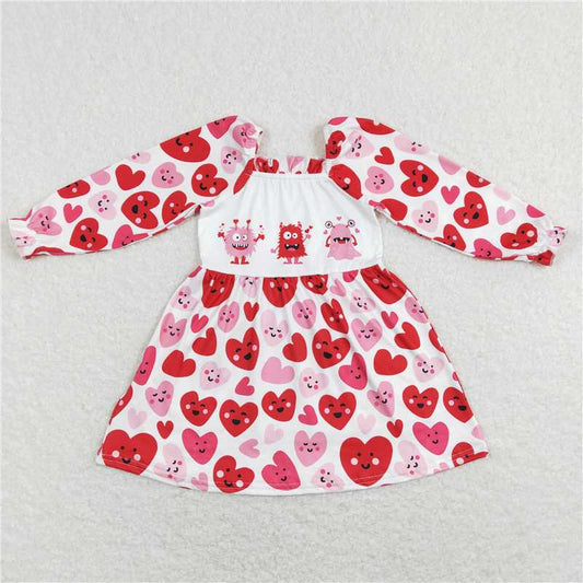 GLD0498  Baby Girls Valentines Monster Long Sleeve Red Knee Length Dresses