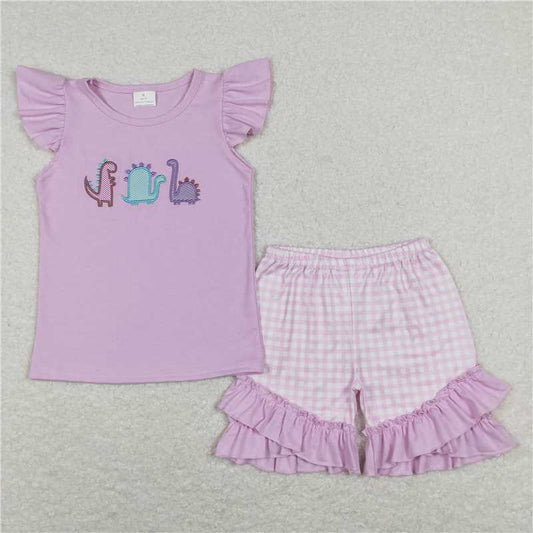 GSSO0411RTS NO MOQ Baby Girls Summer Outfits Lavender dinosaur top plaid shorts girls summer clothes