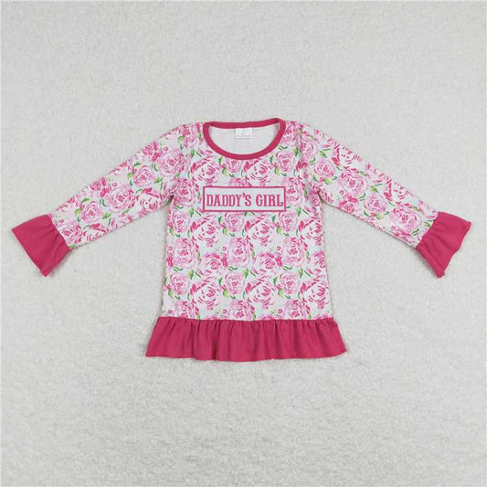 GT0402 Baby Girls Pink Rose Flowers Daddy's Girl Long Sleeve Ruffle Shirts Tops