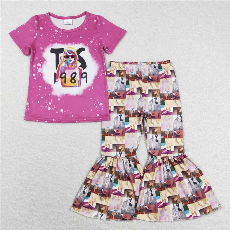Baby Girls European and American female singer digital print pattern short-sleeved flared pants suit