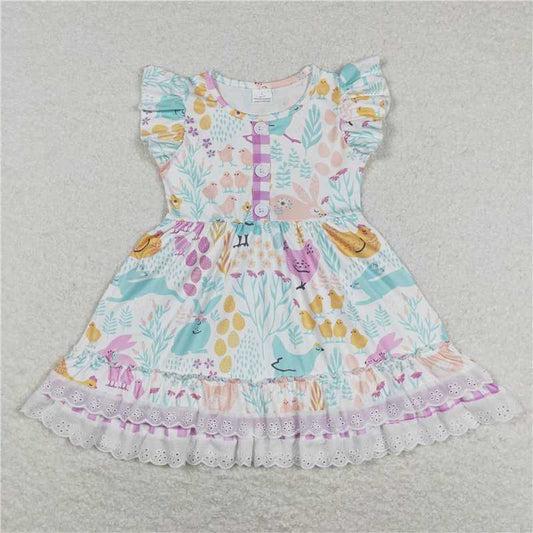 GSD0701  Flutter sleeves rabbit chicken ruffle girls easter dress