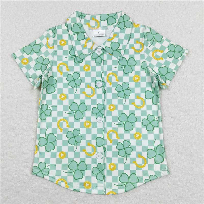 BT0543  Baby Boys Green Checkered Quatrefoil St Patrick Days Buttons Tee Shirts