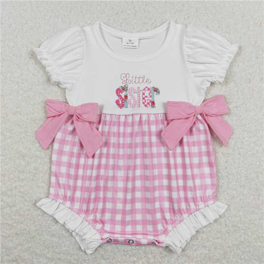 SR0588  Baby Infant Girls Little Sister Bows Pink Checkered Rompers