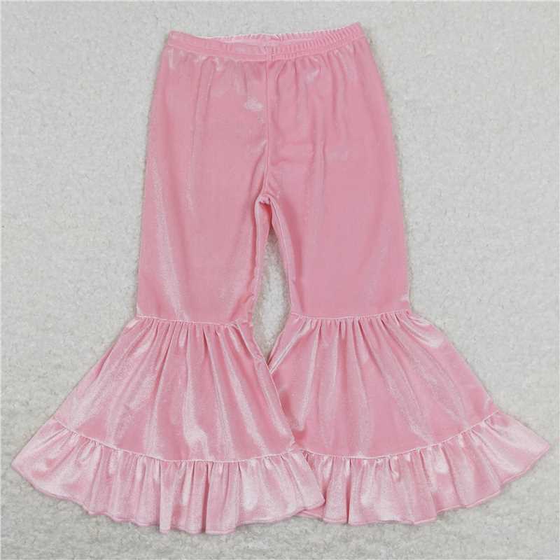 P0416  Baby Girls Pink Velvet Ruffle Bell Bottom Pants