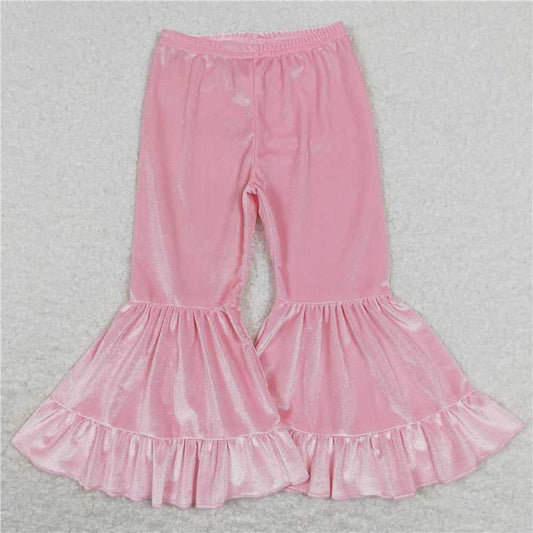 P0416  Baby Girls Pink Velvet Ruffle Bell Bottom Pants
