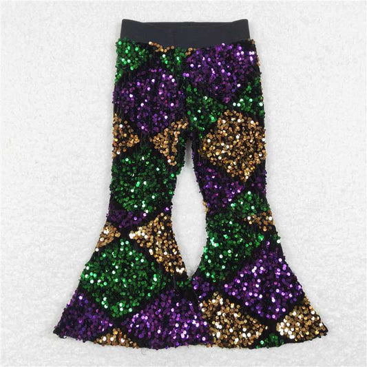 P0359  Baby Girls Mardi Gras Purple Square Sequin Sparkle Bell Bottom Pants