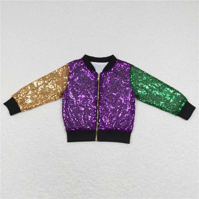12.19 RTS NO MOQ （In stock）BT0451 Baby Girls Mardi Gras Purple Long Sleeve Sequin Jackets